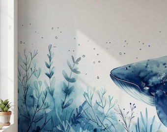 Blue Whale Nursery Mural, Watercolor Ocean Seabed Wall, Kids Underwater Scene