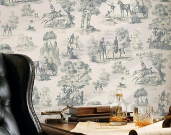 Carta da parati blu Toile de Jouy, murale staccabile con motivo equestre in stile country francese