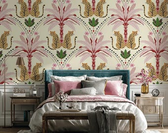 Tropical Leopard Palm Wall Mural: Art Deco Animal Peel and Stick Wallpaper