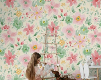 Soft Pastel Flower Peel and Stick Wallpaper - Romantic Cottagecore Wall Mural