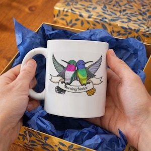 Hummingbirds Morning Nectar Mug - Quirky Animal Illustration, Coffee Lover Gift