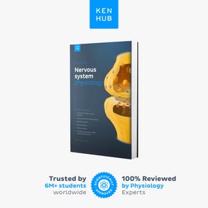 Puede incluir: Un libro educativo azul oscuro titulado Nervous system physiology de Kenhub. La portada presenta una ilustración amarilla de una sinapsis. El texto incluye temas como el potencial de acción, las sinapsis y funciones cognitivas.