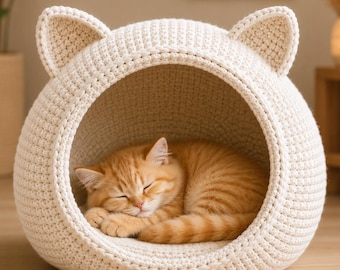 Crochet Cat Cave Pattern, Cozy Pet Bed, Chunky Yarn Kitty House, Digital PDF Tutorial