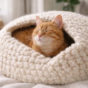 May include: A cozy, cream-colored cat bed with a round, hooded design. An orange tabby cat is nestled inside, eyes closed, appearing relaxed. The bed is made of a thick, textured knit material, creating a warm and inviting space for pets.