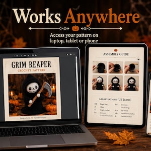 May include: A digital crochet pattern for a Grim Reaper doll displayed on a laptop, tablet, and smartphone. The screens show the pattern title, an assembly guide with six step-by-step photos, a list of abbreviations, and a materials list.