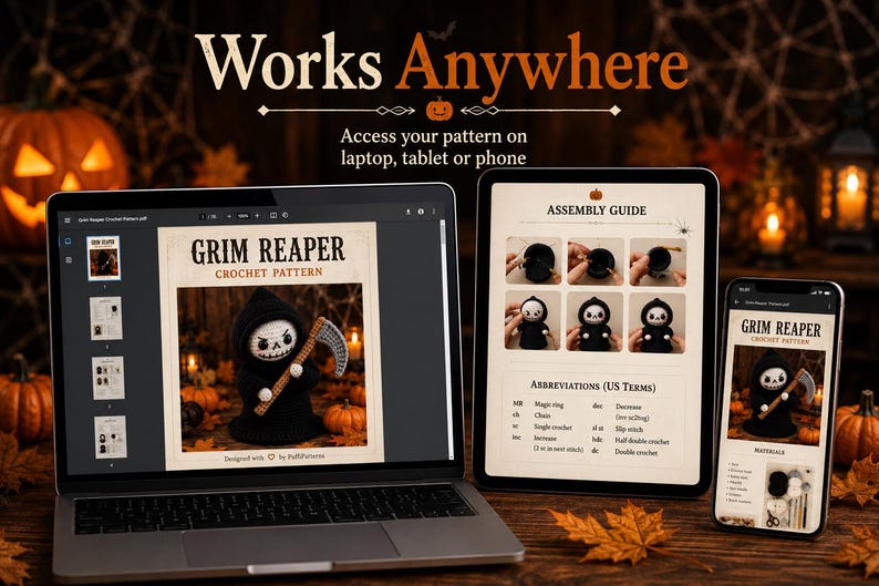 May include: A digital crochet pattern for a Grim Reaper doll displayed on a laptop, tablet, and smartphone. The screens show the pattern title, an assembly guide with six step-by-step photos, a list of abbreviations, and a materials list.