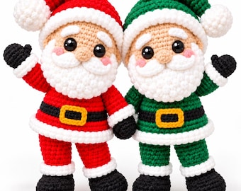 May include: Two crocheted dolls depicting Santa Claus figures, one wearing a red suit and the other a green suit. Both dolls feature white beards, black belts with yellow buckles, black boots, and matching hats with white pom-poms, waving hands.
