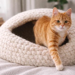 May include: An orange tabby cat emerges from a cream-colored, round cat bed. The bed has a thick, textured knit design. The cat is looking directly at the camera, with one paw extended. The background includes a bed and a small plant.