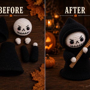 May include: A crochet amigurumi grim reaper doll shown in two stages: disassembled parts including a black hood, white skull head, black body, two white hands, two black arms, and a scythe, and the fully assembled doll holding the scythe.
