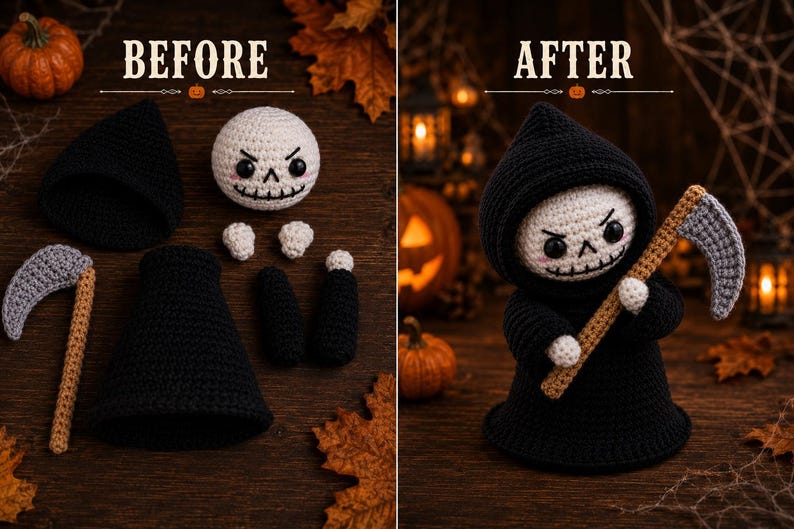 May include: A crochet amigurumi grim reaper doll shown in two stages: disassembled parts including a black hood, white skull head, black body, two white hands, two black arms, and a scythe, and the fully assembled doll holding the scythe.