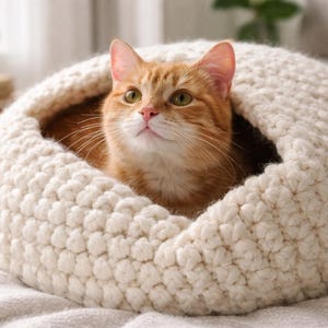 May include: An orange tabby cat nestled inside a cream-colored, chunky knit pet bed. The cat is looking upwards with green eyes. The bed is on a soft, white blanket.