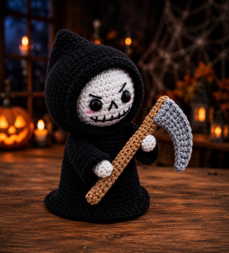 May include: A crocheted grim reaper doll featuring a black hooded cloak, a white skull face with black stitched features, pink cheek accents, and small white hands holding a scythe with a brown handle and a textured grey blade.