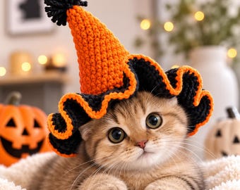 May include: A small tabby kitten wearing a crocheted witch hat. The hat is bright orange with a black pom-pom on the pointed tip and a wide, ruffled black brim with an orange edge. The kitten has large eyes and is resting on a soft white surface.