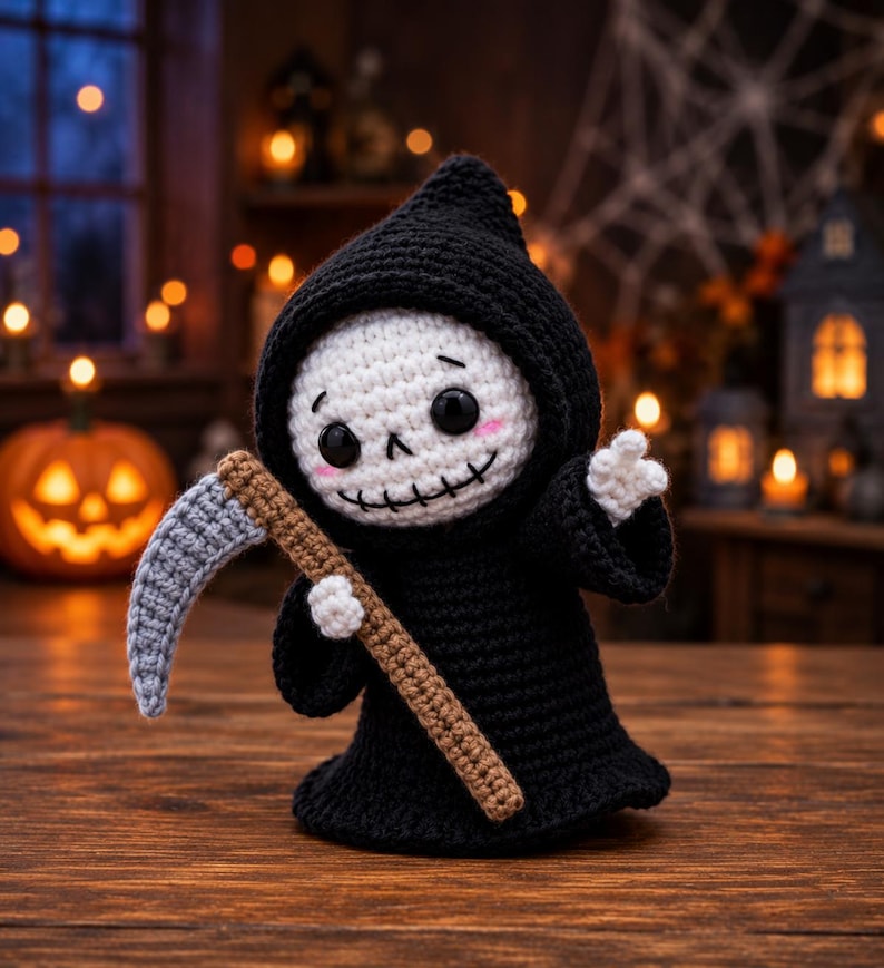 May include: A crocheted grim reaper doll featuring a black hooded robe, a white skull face with black stitched eyes and mouth, pink cheeks, and a small scythe with a grey blade and a brown handle held in one of its white crocheted hands.
