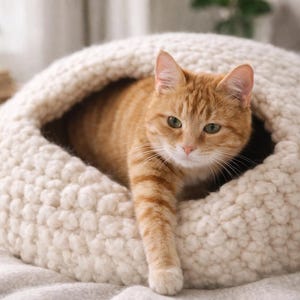 May include: An orange tabby cat rests inside a cream-colored, round cat bed. The bed is made of a thick, textured material, creating a cozy, enclosed space. The cat's green eyes are visible as it looks towards the camera, with one paw extended.