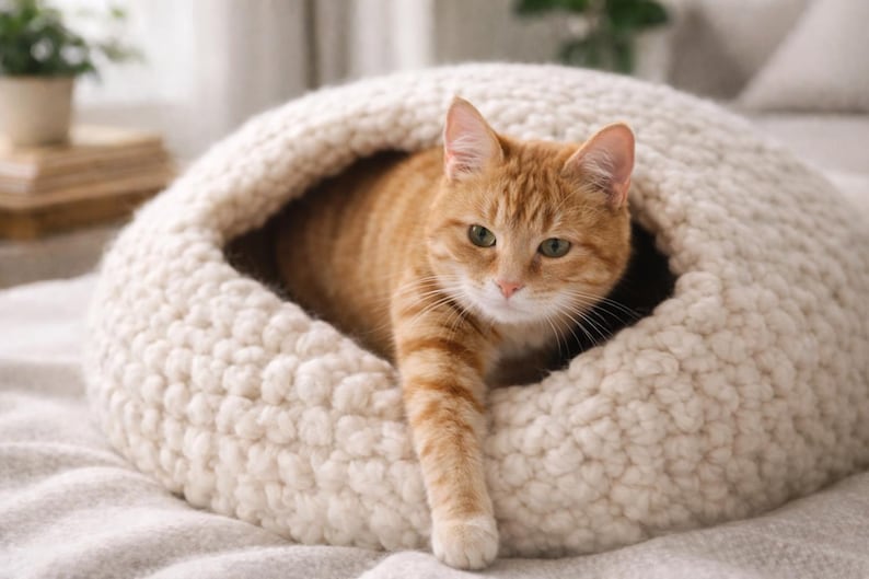 May include: An orange tabby cat rests inside a cream-colored, round cat bed. The bed is made of a thick, textured material, creating a cozy, enclosed space. The cat's green eyes are visible as it looks towards the camera, with one paw extended.