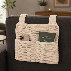 May include: A cream-colored crochet hanging organizer featuring two front pockets, two top straps, and four small wooden buttons. A smartphone is tucked into the left pocket, and a dark green book titled The Daily Journal is in the right pocket.