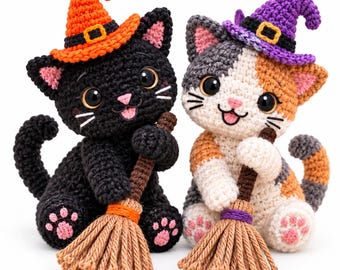 Halloween Black Cat Crochet Pattern, Witch Cat Amigurumi PDF, Beginner Digital Download