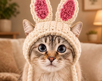 May include: A cream-coloured crocheted hat for a cat, featuring two upright bunny ears with pink centres and two braided chin straps. The hat is made of thick yarn and is designed to fit over the head, leaving openings for the ears and face.