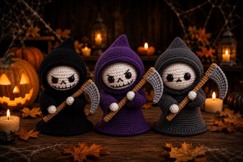 May include: Three crocheted figures dressed in hooded robes of black, purple, and dark gray. Each figure has a white face with black eyes, a stitched mouth, and pink cheeks. They each hold a small, light brown crocheted scythe with a gray blade.