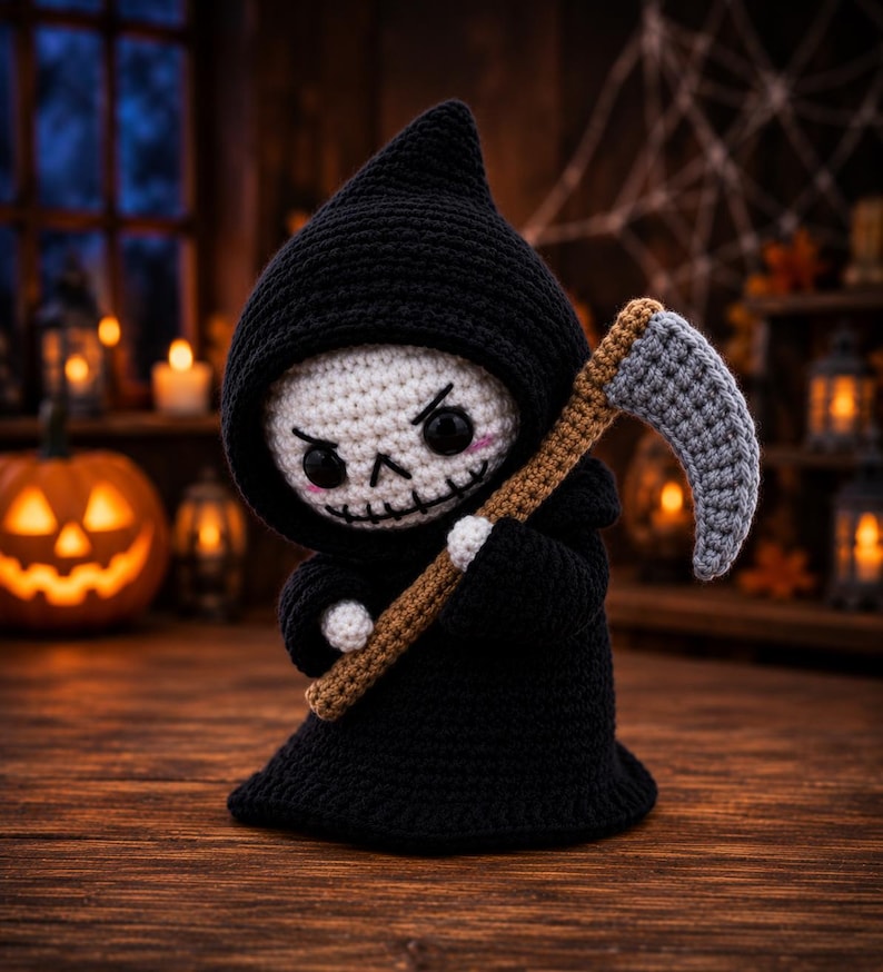 May include: A crocheted grim reaper doll featuring a black hooded cloak, a white skull face with black eyes, stitched eyebrows, and pink cheeks. The doll holds a scythe with a brown handle and a textured grey blade, crafted with yarn.