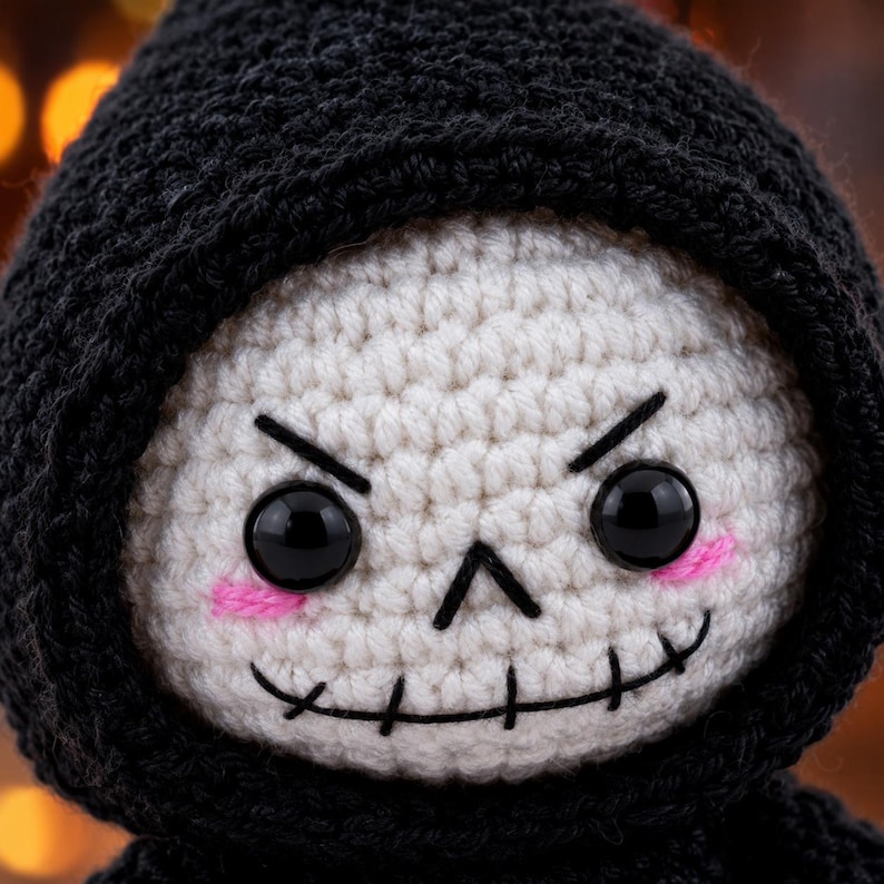 May include: A crocheted doll featuring a white skull-like face with black stitched eyebrows, a stitched mouth, and round black plastic eyes. The doll wears a textured black crocheted hood that frames the face, with small pink stitched cheeks.