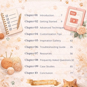 May include: A digital guide with a cat theme. The cover features a tabby cat, a tablet with a PDF icon, and a list of contents. The guide includes chapters on introduction, techniques, and inspiration. The text reads "Contents" and "Premium PDF".