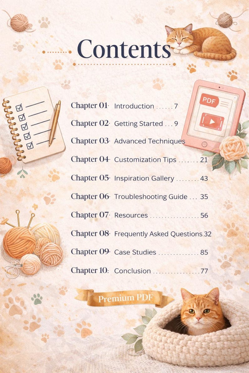May include: A digital guide with a cat theme. The cover features a tabby cat, a tablet with a PDF icon, and a list of contents. The guide includes chapters on introduction, techniques, and inspiration. The text reads "Contents" and "Premium PDF".