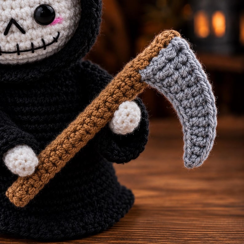 May include: A crocheted figure of a grim reaper wearing a black hooded robe with white hands and a white skull face featuring black eyes, a stitched mouth, and pink cheeks. The figure holds a crocheted scythe with a brown handle and a gray blade.
