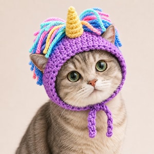 May include: A purple crocheted hat for a cat featuring a yellow unicorn horn and a multi-coloured yarn mane in shades of pink, blue, and yellow. The hat has two braided ties hanging down and is designed to fit around the ears and chin of the animal.
