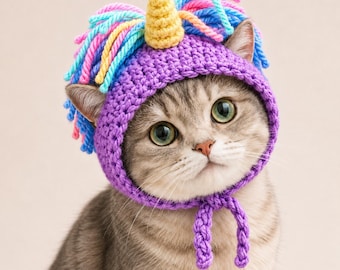 May include: A purple crocheted hat for a cat featuring a yellow unicorn horn and a multi-coloured yarn mane in shades of pink, blue, and yellow. The hat has two braided ties hanging down and is designed to fit around the ears and chin of the animal.