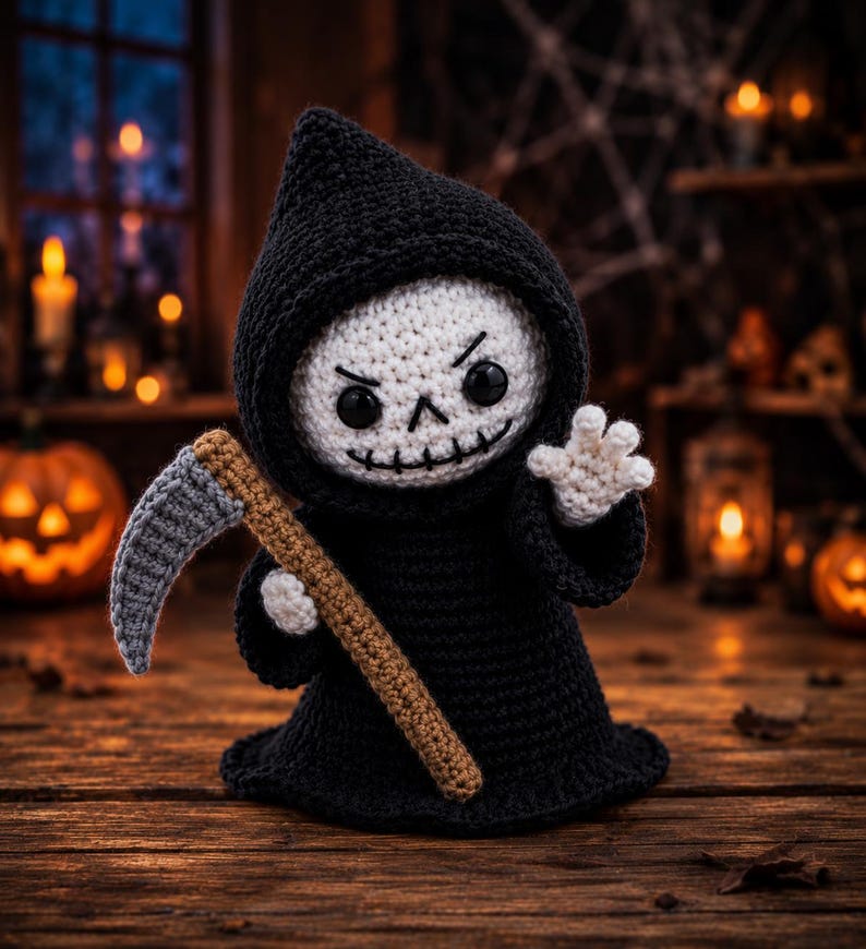 May include: A crocheted grim reaper doll featuring a white skull face with black stitched eyes and a mouth, wearing a black hooded robe. The figure holds a scythe with a brown handle and a grey blade, with one hand raised in a waving gesture.