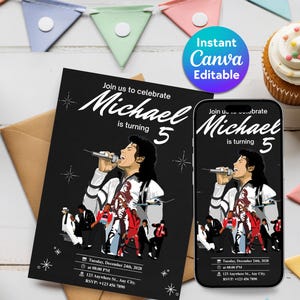 May include: A black birthday invitation card and a smartphone screen displaying the same design. The graphic features a singer in a white jacket holding a microphone, with the text Join us to celebrate Michael is turning 5, date, time, and location details.