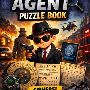 Może przedstawiać: Okładka książki z zagadkami Secret Agent z chłopcem w garniturze i okularach przeciwsłonecznych trzymającym pistolet. Okładka zawiera tekst "SECRET AGENT PUZZLE BOOK" oraz "CIPHERS!", "SECRET MESSAGES!" i "LOGIC PUZZLES!" z przedziałem wiekowym 8-12.