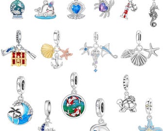 S925 sterling silver ocean-themed beaded bracelet, Pandora-style ocean pendant, 14K gold-plated European-style beaded bracelet, Gift for her