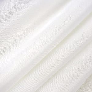 May include: Close-up of a white, loosely woven fabric. The fabric has a textured appearance with visible threads and a slightly transparent quality. The folds and creases create shadows, adding depth to the image. The material appears soft and lightweight.