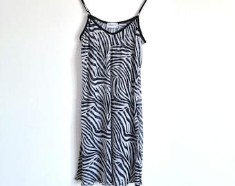 Y2K KOUROS Zebra Print Babydoll Nightgown Slip Dress Lingerie | Size M | Black and White