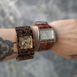 Vintage GUESS | PATRICK ARNAUD Snake Skin Metal Bracelet Effect + Leather Watch | Both Working with New Batteries!