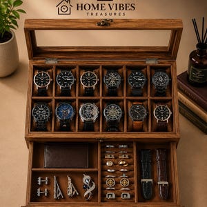 May include: Wooden watch display case with a glass top, holding twelve watches with black leather straps. The bottom drawer contains a wallet, cufflinks, tie clips, rings, and watch straps. The case is branded with the text "HOME VIBES TREASURES".