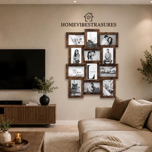 May include: A multi-opening wall collage picture frame with a dark brown wood grain finish. The frame holds eleven rectangular photo slots arranged in a grid pattern, displaying various black and white photographs and a central letter L.