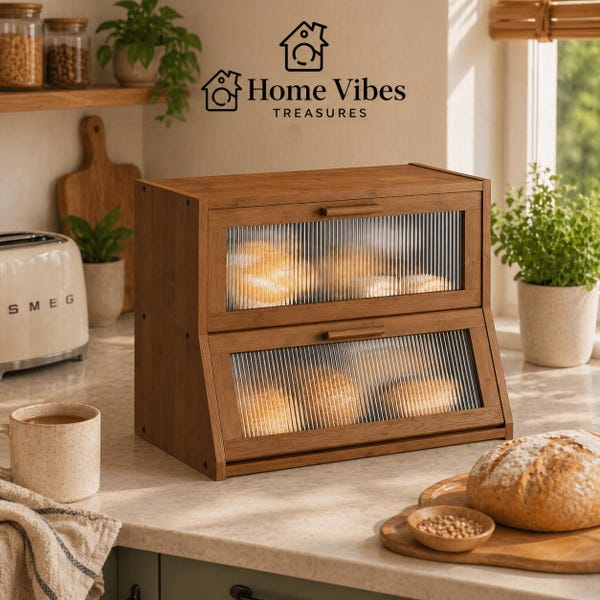 2 Tier Bamboo Bread Box | Farmhouse Kitchen Storage | Large Capacity Bread Holder | Vintage Countertop Organizer