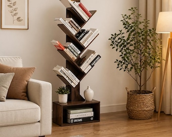 6 Tier Bookshelf with Drawer | Wooden Book Stand Organizer| Modern Tree Bookshelf | living room Bookshelf | Corner Storage Shelf