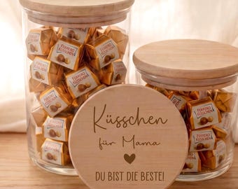 Muttertag Geschenk Mama Vorratsglas mit Gravur Küsschen für Mama du bist die Beste – Süßigkeiten Glas personalisiert, Du bist die Beste