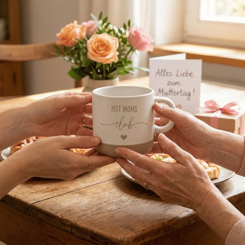 Puede incluir: Una taza de cer&aacute;mica blanca moteada con una base gris, con la inscripci&oacute;n "HOT MOMS club" en una fuente cursiva y un peque&ntilde;o coraz&oacute;n. La taza est&aacute; sostenida por dos personas. Un ramo de rosas y una tarjeta que dice "Alles Liebe zum Muttertag!" en el fondo.