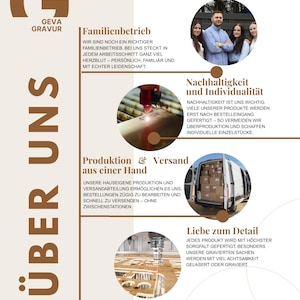 May include: A promotional image for GEVA GRAVUR, featuring text in German. The design includes the company logo, a family photo, and images of production and shipping processes. The text highlights family business, sustainability, and attention to detail.
