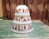 Vintage Pyrex Early American Bowls Nesting Mixing Americana Heritage 3 Set Piece Brown and White 401, 402. 403