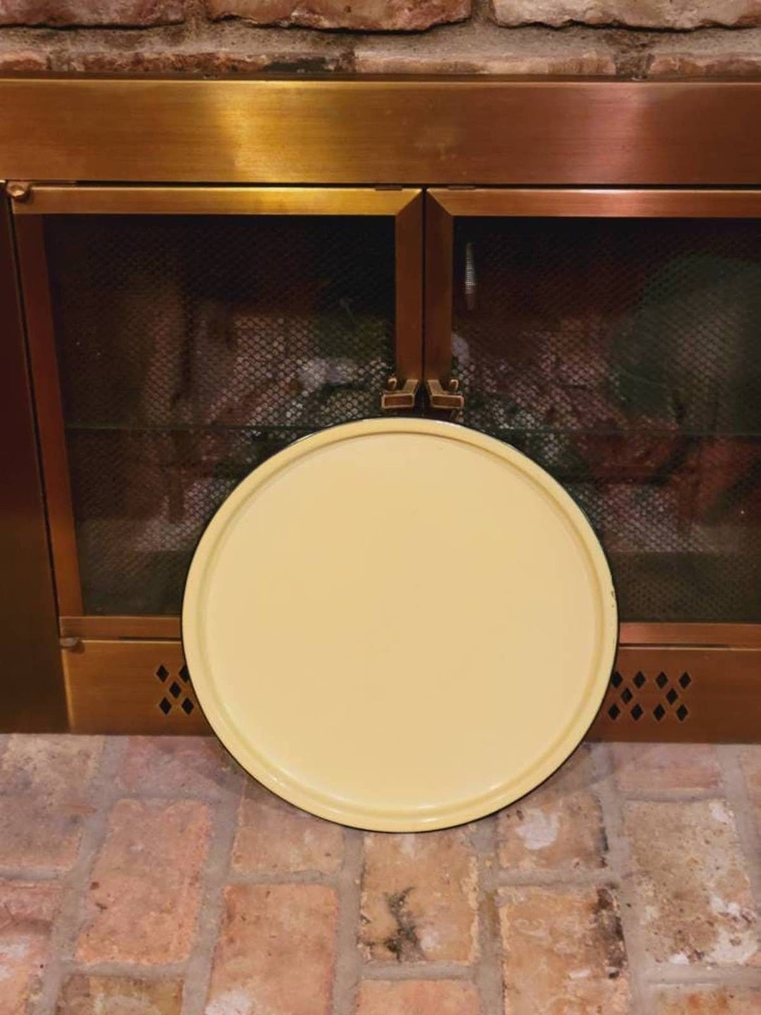 Vintage Enamelware Tray, Large Round Yellow Serving, Farmhouse Kitchen