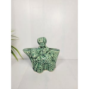 Vintage Green Ceramic Girl and Lamb Planter Mid Century Art Pottery Vase 1950s