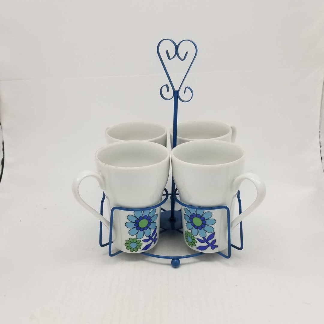 Vintage Coffee Mugs Holder Cup Rack Blue Flower Round Metal Etsy