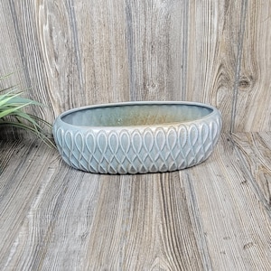 May include: A pale blue, oval ceramic planter with a repeating teardrop pattern. The empty planter sits on a wooden surface. The planter is suitable for indoor or outdoor use. The planter's dimensions are in centimetres.